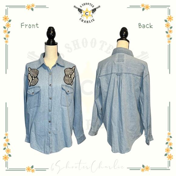 Vintage Robin Berry Western Blue Denim Shirt Faux Snake Skin Panels Size Large - Picture 1 of 6